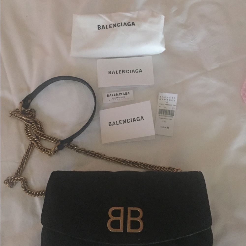 Balenciaga gold chain satin black bag
